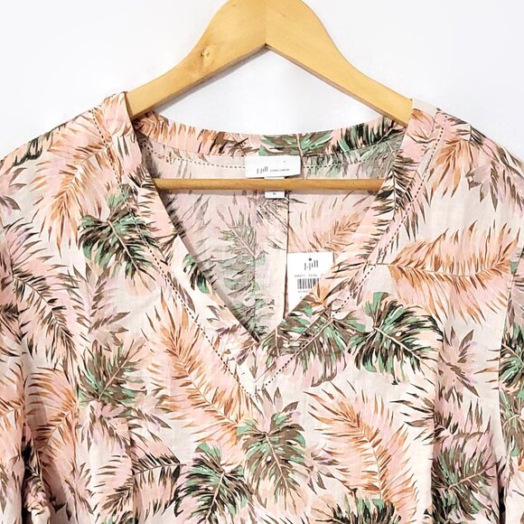 NWT J Jill Love Linen Women V-Neck Flounced Long Sleeve Tunic Size XL Palm Print - Picture 3 of 11